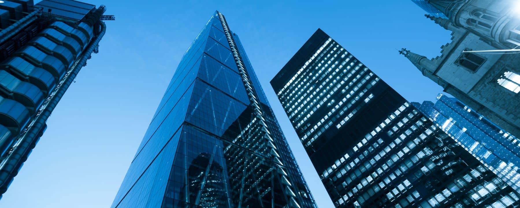 Ground level view of skyscrapers in London's banking district